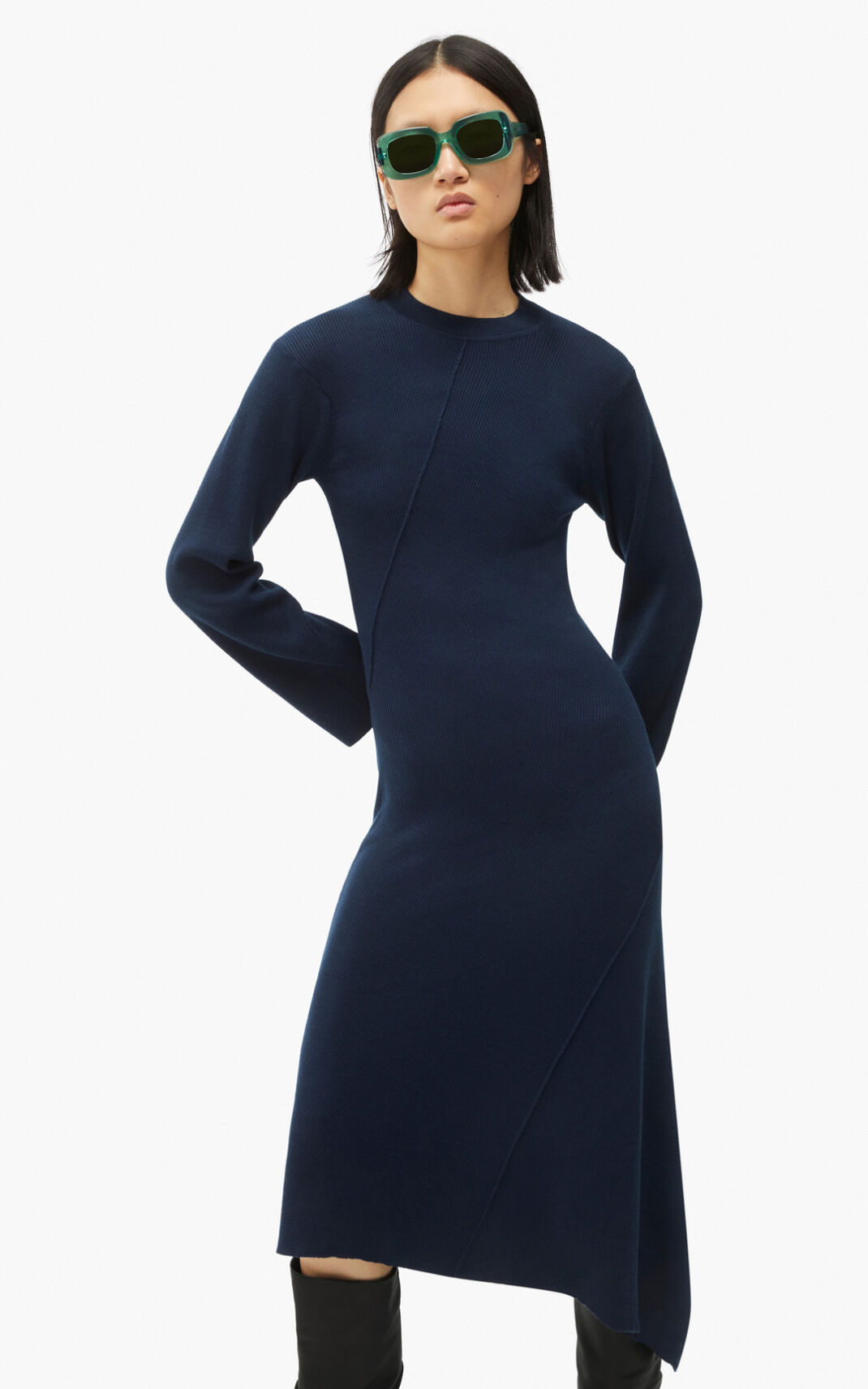 Kenzo Asymmetric midi Dress Blue Black For Womens 9863PMBAE
